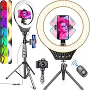 10" Ring Light with Tripod Stand & Phone Holder, RGB LED, 8 Dimming Levels, 17 Color Modes, 59" Extendable Stand, for Live Stream, Makeup, YouTube, TikTok