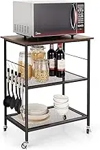 Giantex 3 Tier Kitchen Serving Rolling Carts, Kitchen Island Cart W/Flexible Wheels, 2 Storage Mesh Shelves & 5 Hanging Hooks, Industrial Bakers Rack Serving Trolley for Kitchen Bathroom Laundry