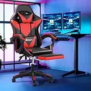 Oikiture Gaming Chair with Massage and 135° Recline, Executive Office Chair PU Leather Racing Chair with Footrest, Height Adjustable SGS Listed Gas-Lift, 160kg Capacity (Black&Red)
