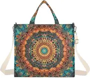 [XYMZR] Corduroy Tote Bag Boho Mandala Orange for Women Large Shoulder Bag with Pockets for Beach Work Travel Shopping S