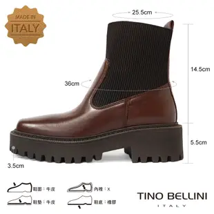 Tino Bellini 義大利進口牛皮小方頭針織襪套厚底短靴FWMV011-咖啡