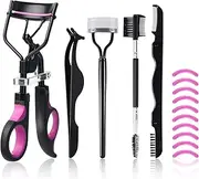 Eyelash Curlers Kit for Women w Lash Curler, Eyelash Comb Seperator, 3 in1 Mascara Brushes, Eyelash Extension Tweezers, Foldable Eyebrow Brush and Comb, 10 Silicone Refills Pads for Natural Eyelashes