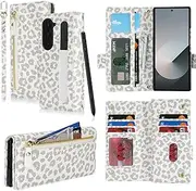 [SunYoo] for Galaxy Z Fold6 Case Leather Wallet with Card Holders Money Slots Wrist Strap for Women RFID Blocking Purse for Samusng Z Fold 6 Zipper Coin Cover Kickstand Folio Flip Case LeopardWhite
