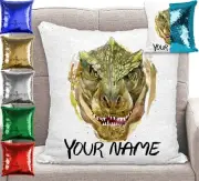 Personalised Dinosaur T-Rex Sequin Cushion Cover Mermaid Pillow 6 Colour Choices