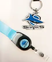 SET OF 2 CRONULLA SHARKS NRL TEAM RETRACTABLE LANYARD + METAL LOGO KEY RING