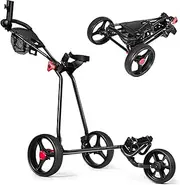 PP-Kic Black Golf Cart, Lightweight Foldable Golf Cart, 3-Wheel Golf Cart, 2-Step Opening/Closing, with Foot Brake, Umbrella Holder and Cup Holder, Adjustable Handle and Storage Pocket