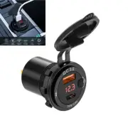 Aluminum Car Auto USB & Type-C Charger Socket with Power Switch Voltmeter Cable