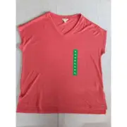 Orvis Women XL Knit Stretch Pull-Over Top Blouse Cap Sleeve V-Neck Rayon Blend