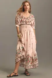Somerset Puff-Sleeve Maxi Dress Anthropologie Peasant Tiered Pink Floral XL NEW