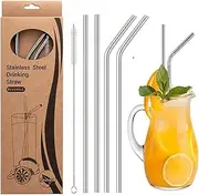 NASHRIO 4 x Metal Stainless Steel Reusable Drinking Straws Eco Friendly + Cleaning Brush for Smoothie Milk Shake Water Juice Cocktail Cold/Hot Drinks, 266mm Silver Bent & Straight Straws