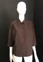 Blouse Size 12 Noni B Chocolate Brown 3/4 Cuffed Sleeve Button Up Collared