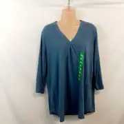 Orvis V Neck Top Blouse Shirt Women Size XL Solid Blue Linen 3/4 Sleeve