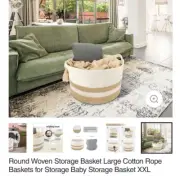 Round Woven Storage Basket Large Cotton Rope Laundry Baby Bin White/Tan - XL