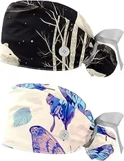 [YTYVAGT] 2-Pc,Nurse Scrub Caps,Scrub Hats with Buttons and Cotton Sweatband,Bear Moon Forest Tree