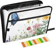 Quteprint 13 Pockets Expanding File Folder with Zipper Closure, Watercolor Wildflowers Butterfly Accordion File Folder with Sticky Labels, Letter Size A4 Papers Expandable File Document Organizer