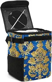 Car Trash Can with Lid,Bag Hanging Storage Pockets Leak-Proof,Portable Garbage Bin,Ethnic Style Vintage Flowers