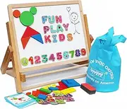 Wooden Easel for Children Foldable-Double Magnetic Boards Shapes Letters Numbers Paper Roll Kids Art-Table Top Magnetic Board Black White Drawing Board for Kids