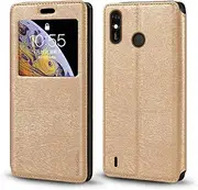 [Shantime] Viewable Window Leather Flip Case Compatible with Tecno Pop 3 Plus, Elegant Design Clear Display Invisible Magnetic Cover and Card Slot(Gold)