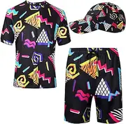 [MEIOOFIC] Men's 2 Pieces 80s 90s Outfit Retro Shirts and Shorts Set with Baseball Cap Hawaiian Summer Tracksuit for Summer Disco Party