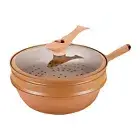 Steaming And Cooking All In 1 Frying Wok Flat Bottom, Iron Wok With Lid Set