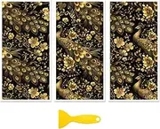 Peacoblue Rub on Transfer Decal Sticker for Furniture Craft Decor 6"x12" Black and Gold Peacock and Flowers, 3Pcs Waterproof UV DTF Transfer for Drawer Dresser Glass Porcelain Wood Plastic