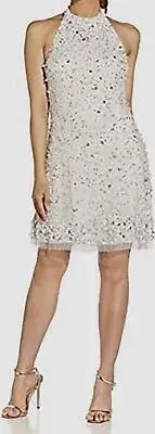 $275 Aidan by Aidan Mattox Women White Beaded Halter Neck Swing Dress Size US 2