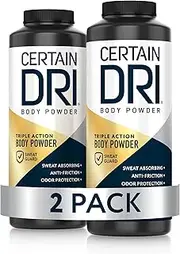 Certain Dri Body Powder for Men & Women, Maximum Sweat Absorption, Moisture & Odor Control, Itch-Free Foot and Body Powder, Talc-Free Formula, Gentle on Sensitive Skin, Calamine Scent, 8 oz, 2 Pack