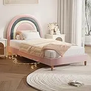 Oikiture Kids Bed Frame with Rainbow Bed Head Single Size Bed Velvet Pink