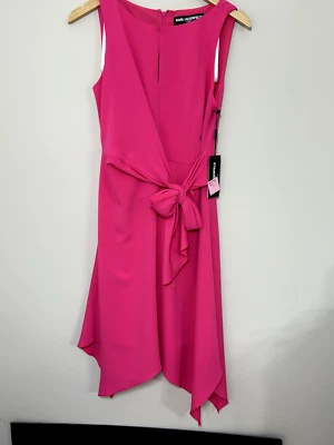 NWT KARL LAGERFELD PARIS Belted Linen Blend Midi A Line Dress FUCHSIA SIZE 4
