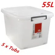 5 x 55L Heavy Duty Large Plastic Storage Tubs 55L Crate Containers Tub Lid FDWMC