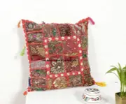 18" Red Bohemian Pillow Indian patchwork Cushion Cover Large Throw Pillow Beaded