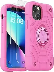 KCJ for iPhone 13 Mini Case/iPhone 12 Mini Case 5.4 Inch with Ring Holder, with 2 Pack Screen Protector + 1 Pack Camera Lens Protector,Heavy-Duty Military Grade Protector Cover. (Pink)