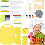 25Pcs Kids Cooking Cutter Set Safe Wood Toddler Cutter Set with Dough Cutters Paring Cutter Framing Pens Pie Molds Cutters Potato Cutter Chopping Board and Gloves for Kids Boys Girls ...(25 piece set)