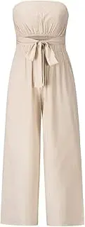 [yoeasy] Women's Strapless Belted Wide Leg Romper Off Shoulder Tie Waist Long Pants Casual Chiffon Jumpsuit