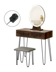 [Levede] LED Dressing Table Strip Stool Set inBrown