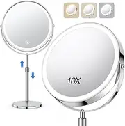 Ausale 10X Large Lighted Makeup Mirror, Rechargeable Retractable 8 Inch Height Adjustable Makeup Mirror, 3 Colors Adjustable Brightness, Touch Screen, 360° Rotation, Women