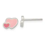 Sterling Silver Rhodium-Plated Pink Enamel Double Heart Post Earrings