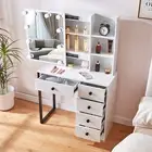 Bedroom Makeup Desk Vanity Table Set with LED Sliding Mirror and 5 Drawers White
