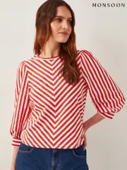 Monsoon Red Sally Stripe Jersey 100% Cotton Top (F83229) | $104