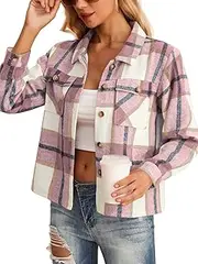[Milan Holiday] Flannel Women's Jacket Fashion Plaid Button Shirt Fall Jacket Tops, Pink Brown Grid, L