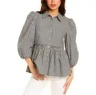 NWT Cinq à Sept Rayla Top Black/White Gingham Puff Sleeves Size Large $295