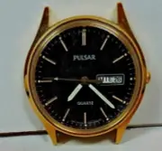 NOS Vintage Pulsar Day Date Yellow Gold Stainless Steel Mens Wrist Watch #A5
