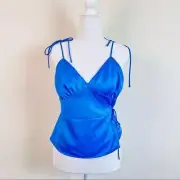 NWT Fashion Union Royal Blue Satin Wrap Self-Tie Peplum Cami Tank Top