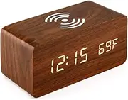 OCT17 Wooden Alarm Clock with Qi Wireless Charging Pad Compatible with iPhone Samsung Wood LED Digital Clock Sound Control Function, Time Date, Temperature Display for Bedroom Office Home- Brown