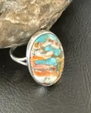 Blue Turquoise Orange Spiny Oyster Navajo Sterling Silver Ring Size 10 18208