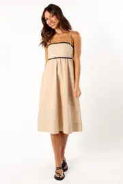 [PUP56] Lino Contrast Trim Midi Dress - Cream Black XS Beige