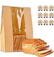TJHypenete 50Pcs Large Kraft Paper Bread Bag with Clear Window, Sourdough Loaf Bags for Homemade Bread, Bakery Food Coffee Cookie Packaging Storage Bags, Treat Packaging Bags with Label Seal stickers