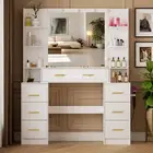 Dressing Table With LED Mirror and Drawers Set Girl Makeup Vanity Desk White