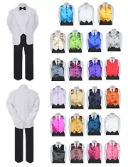 7pc Boy Toddler Formal Black Pants & Bowtie White Suit Pick Color tie & Vest S-8