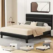ALFORDSON Bed Frame Base Double Size with Headboard, Bed Platform Foundation with PU Leather Upholstered for Mattress Topper, Harlene Series Black
